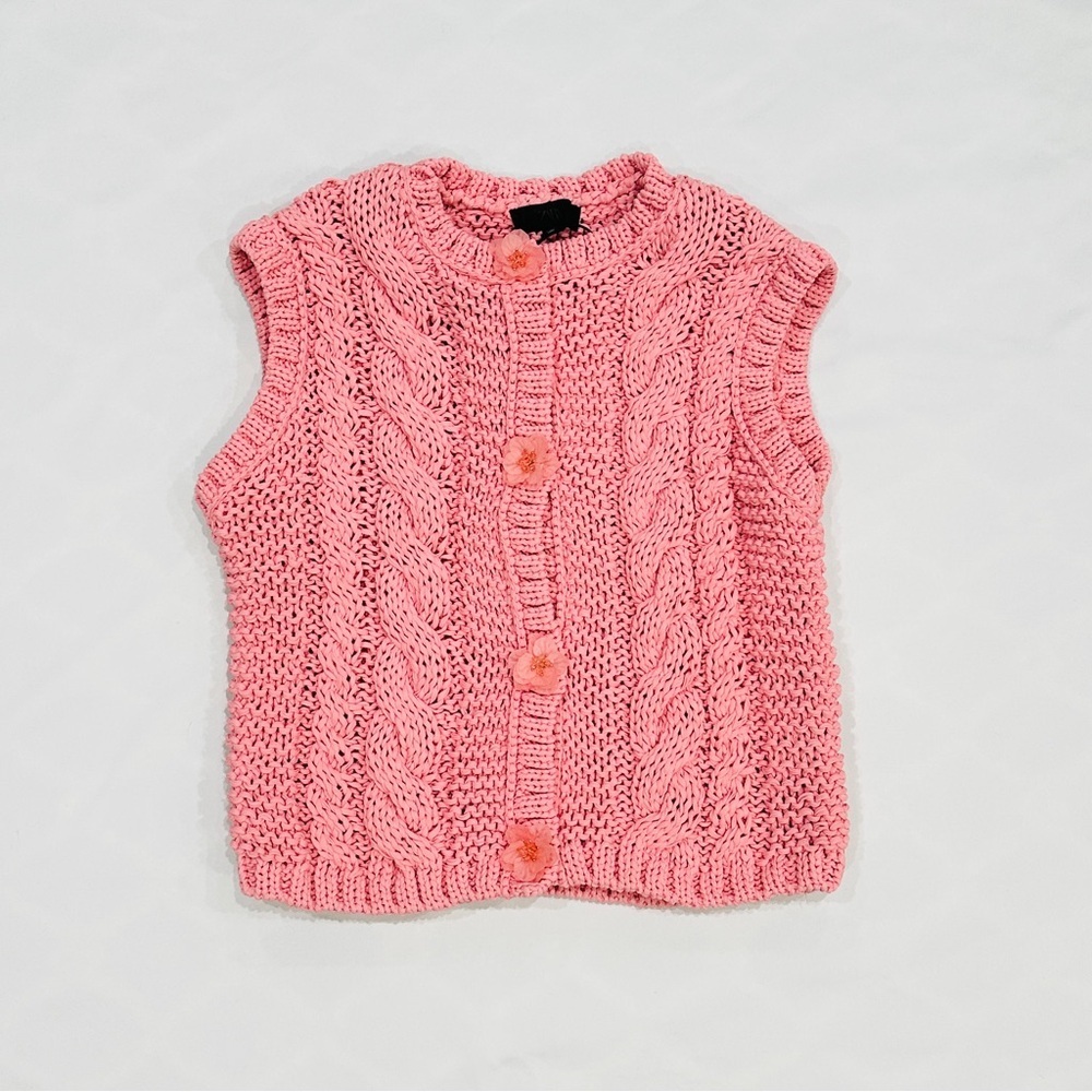NWT Zara Pink Cable Knit Floral-Button Detail Cardigan Vest